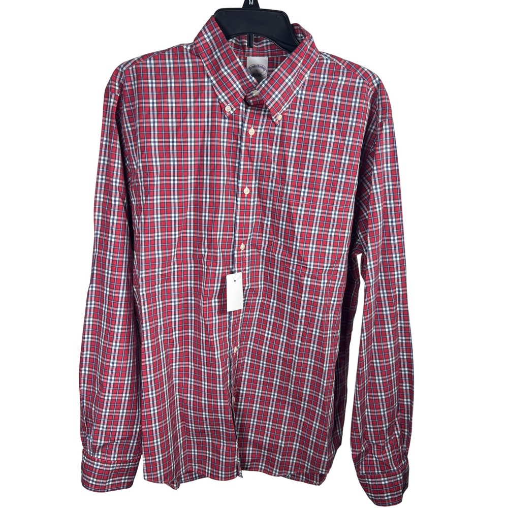 Brooks Brothers Mens Red White Blue Plaid Button Down Shirt Monogram MAS Large